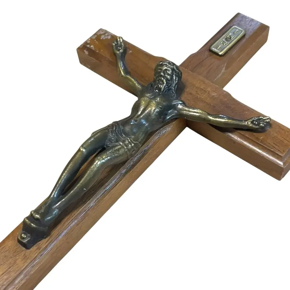 Vintage Wood Wall Crucifix Brass Corpus Jesus Cross INRI 10